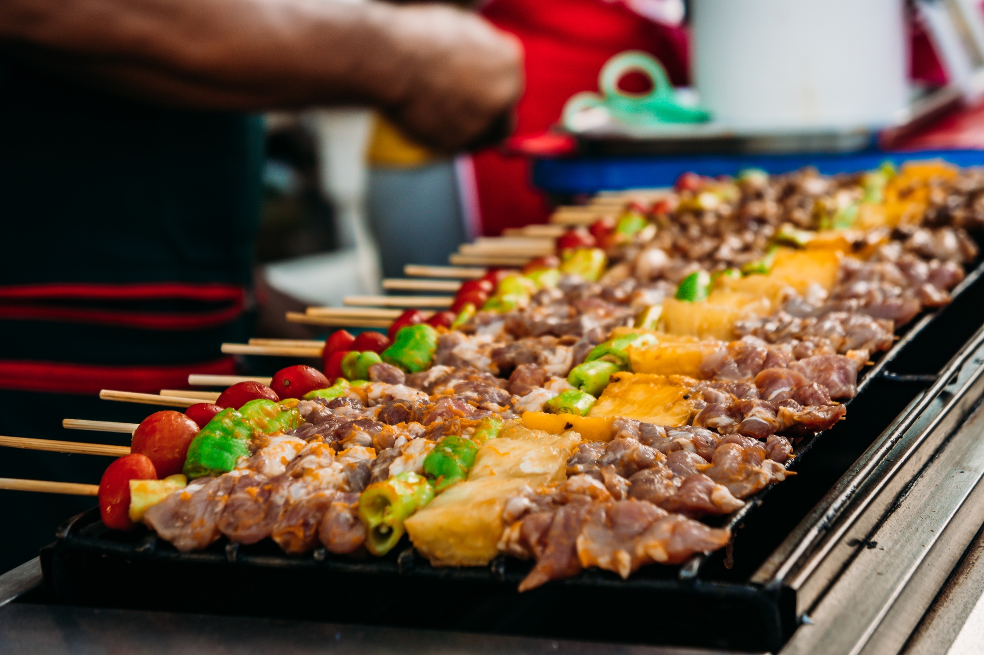 A popular barbecue with pork fillet, tomato, to taste and grill , bar-b-q on hot grill